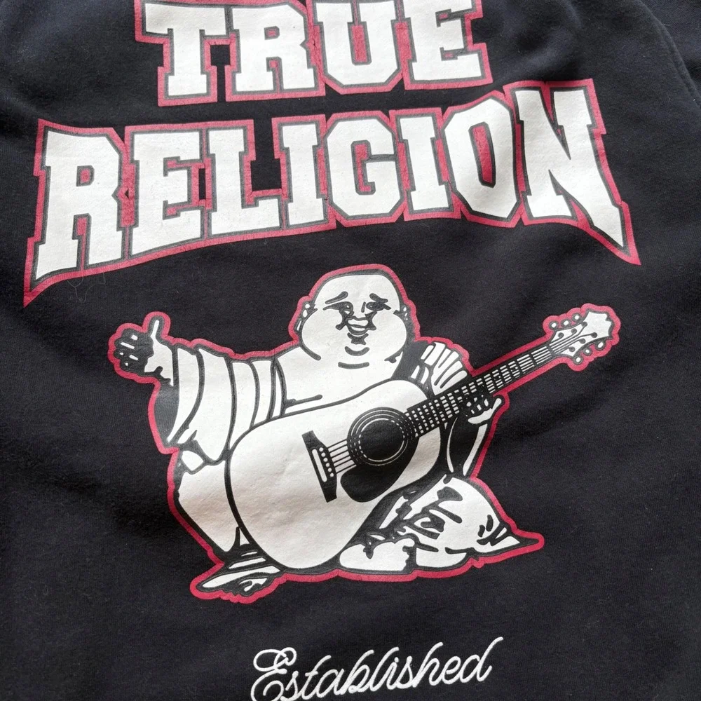 True Religion Mens Black Buddha Guitar Graphic Pullover Hoodie Large L